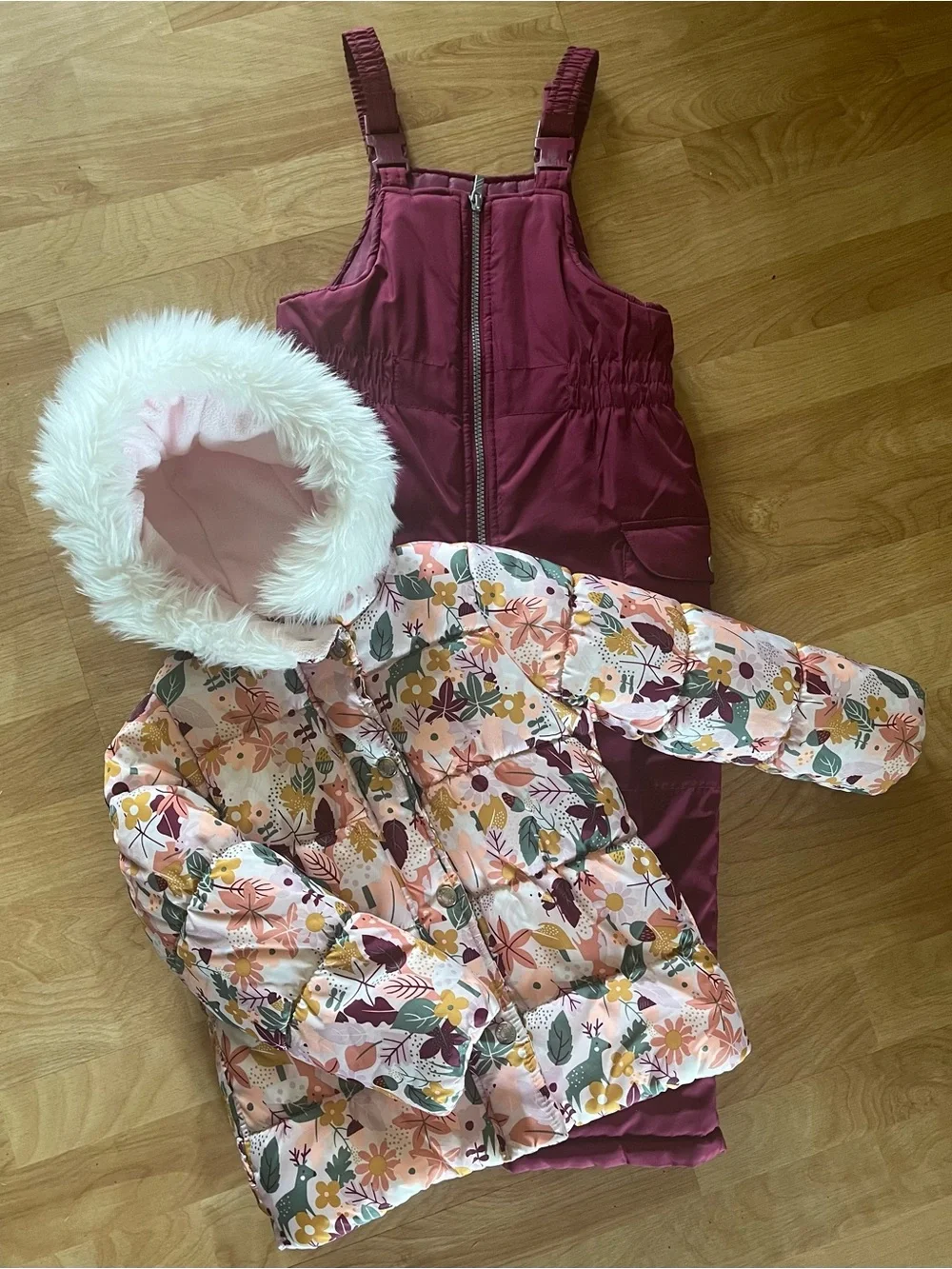 Carter's Girls Woodland Animal Floral Puffer Jacket w/ Burgundy Snow Bibs Size 4